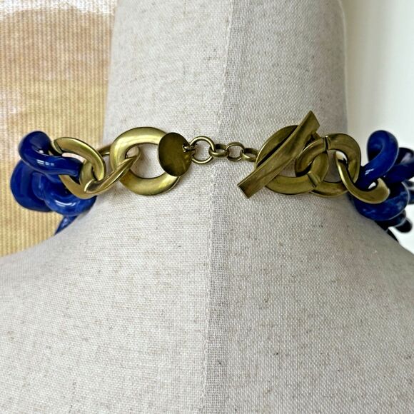Vintage 90s Resin Statement Necklace Chunky Blue Marble Square Chain Links - Picture 5 of 7